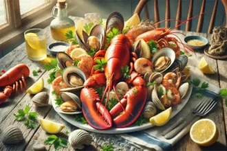 Grilled American seafood dish with lobster, shrimp, and clams on a white plate