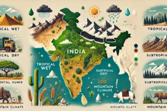 India map showing Tropical Wet, Dry, Subtropical Humid, and Mountain Climate zones