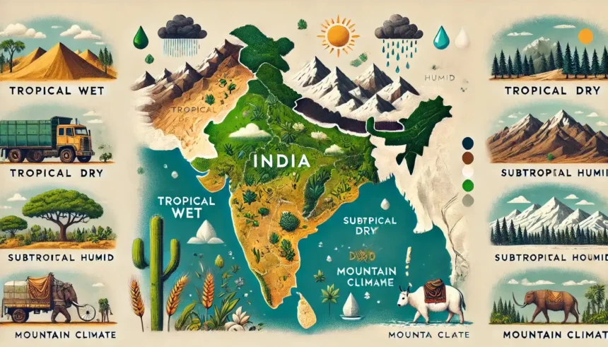 India map showing Tropical Wet, Dry, Subtropical Humid, and Mountain Climate zones