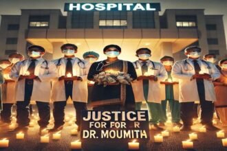 Doctors holding a candlelight vigil for Dr. Moumita Debnath, demanding justice and protection.